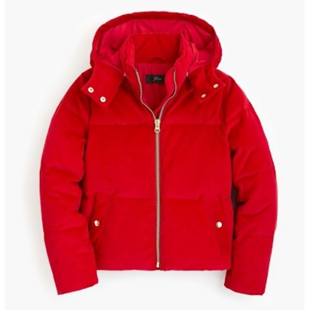 J.Crew Red Corduroy Puffer Jacket Hooded Quilted Zip Coat Women Size S H2667